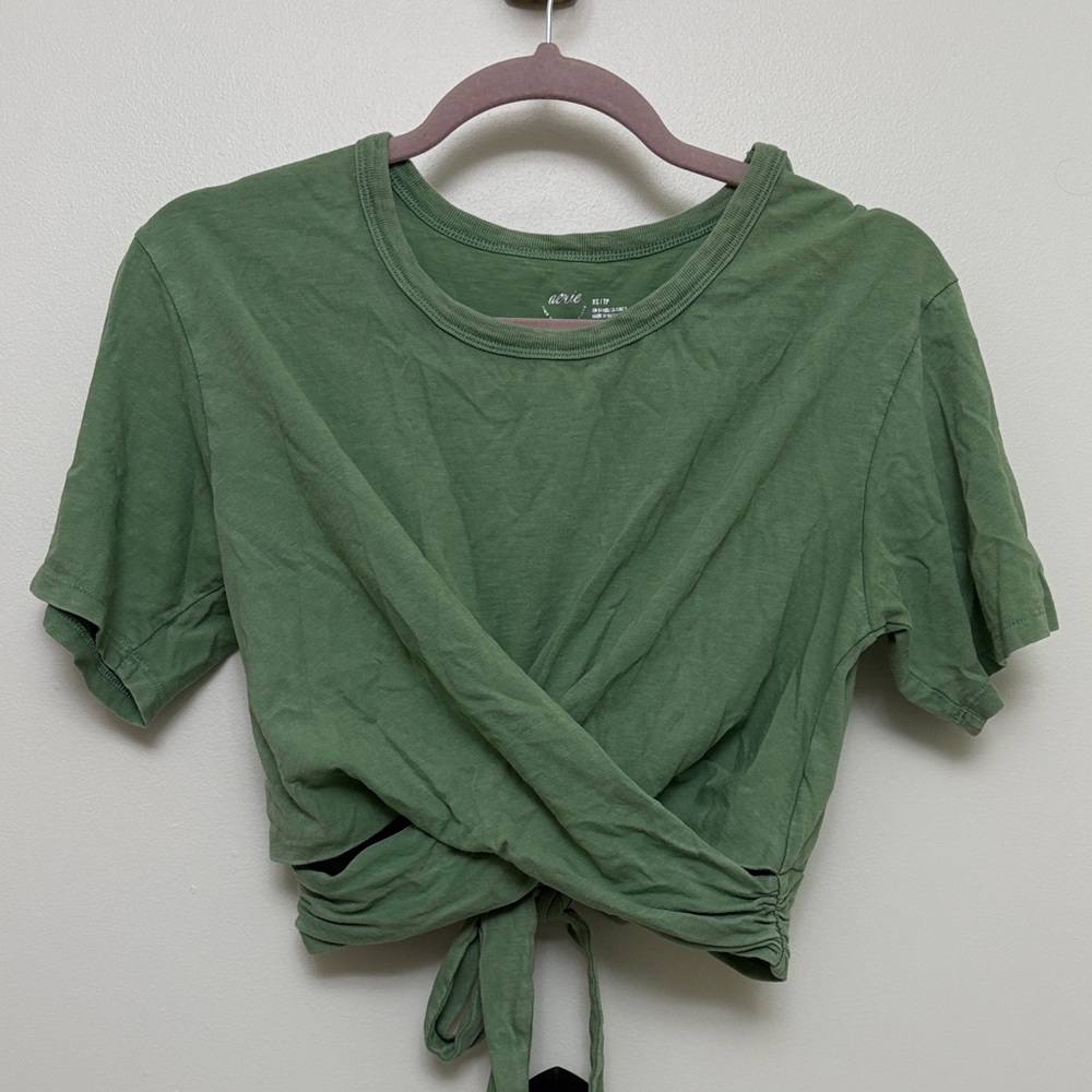 Aerie Olive Tie-Front Short Sleeve 100% cotton tee